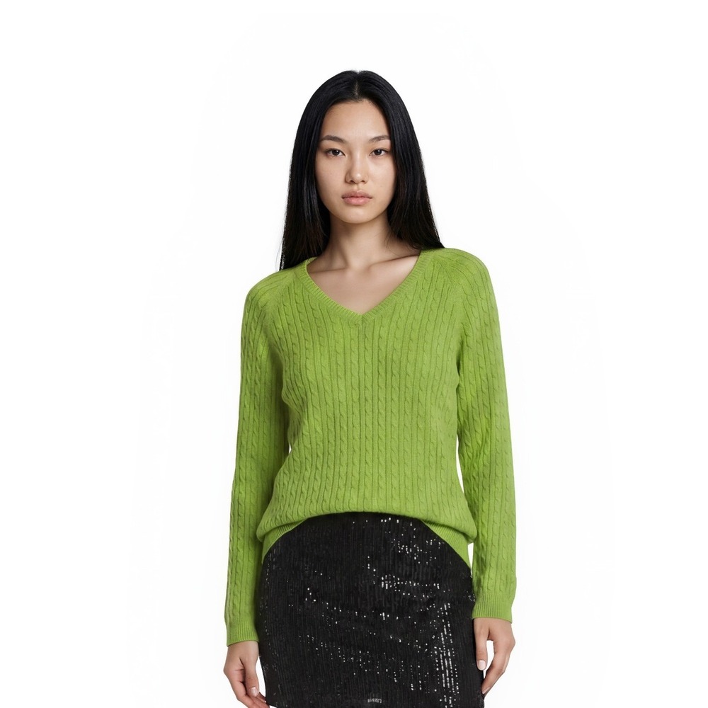 New EP Pro Golf Cable Knit Sweater Women's Size XL Lime Green V Neck 100% Cotton